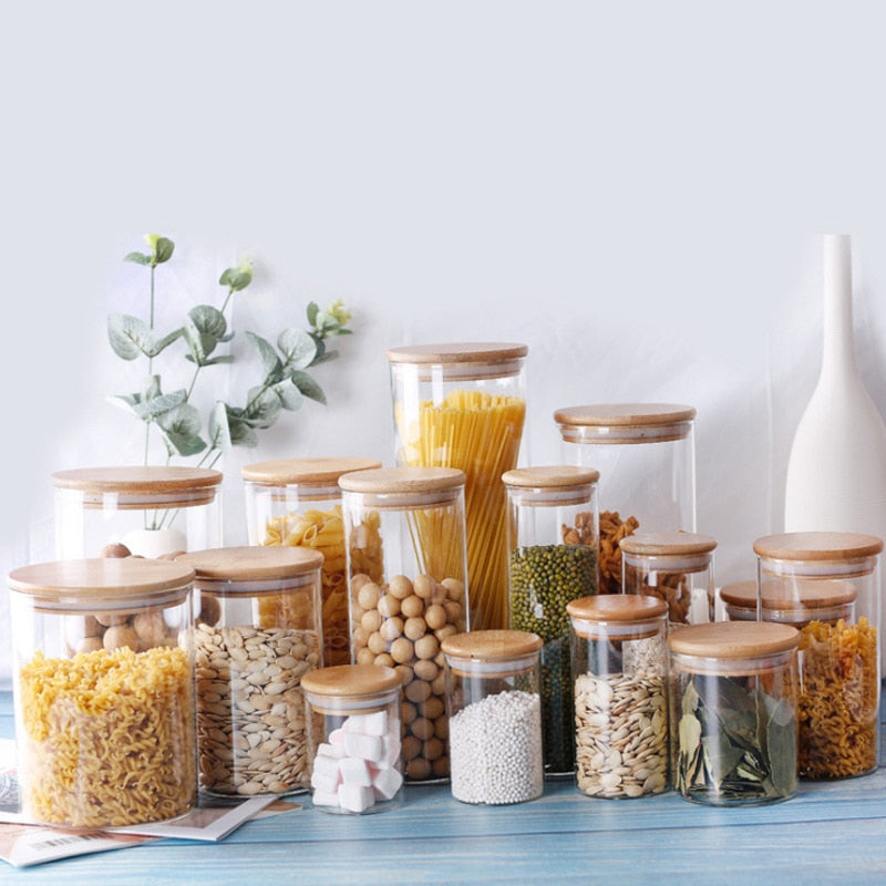 Set of Bamboo Lid Kitchen Storage Glass Jar, Kitchen Pantry Organisation