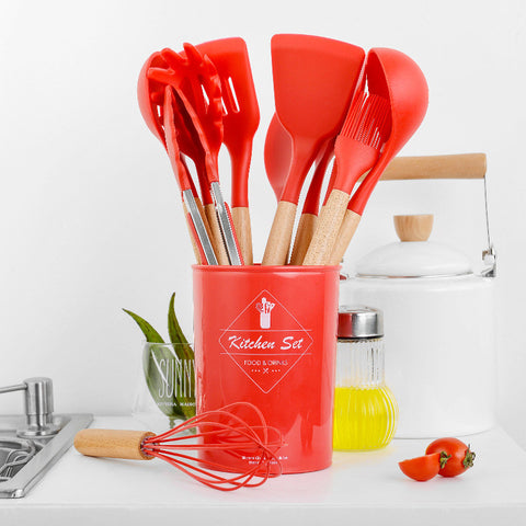pcs Silicone Kitchen Cooking Utensil Set-Non stick Heat Resistant Stainless  Steel Handle-Red Cute kitchen